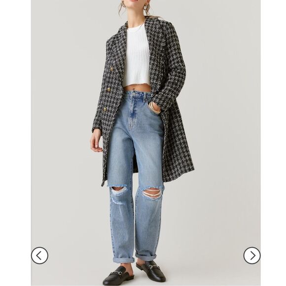 Alya Franchesca Black White Long Lightweight Tweed Coat Size Medium - Picture 2 of 14